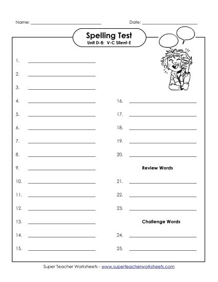 Spelling Test - Spelling Test (D-8) (Printable PDF Worksheet)