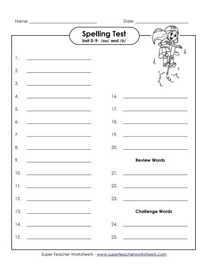 Spelling Test - Spelling Test (D-9) (Printable PDF Worksheet)