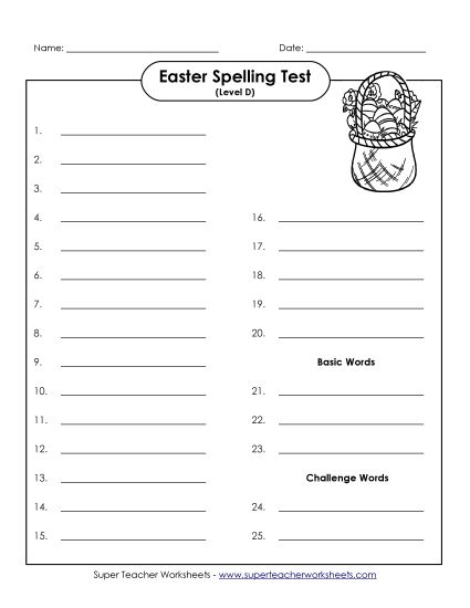 Spelling Test - Spelling Test (D-Easter)  (Printable PDF Worksheet)