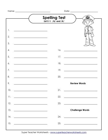 Spelling Test - Spelling Test (E-1) (Printable PDF Worksheet)