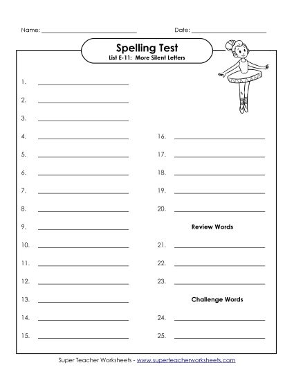 Spelling Test - Spelling Test (E-11) (Printable PDF Worksheet)