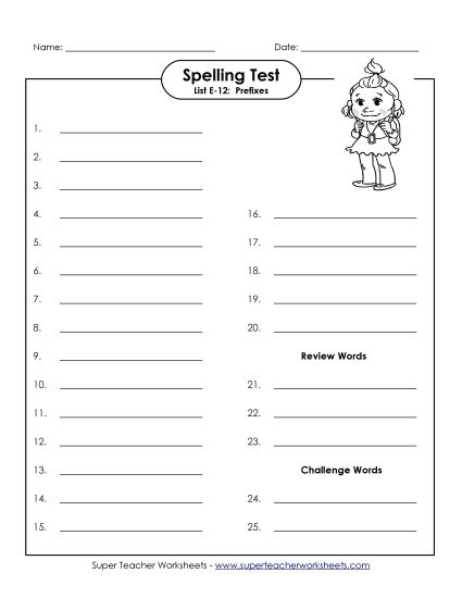 Spelling Test - Spelling Test (E-12) (Printable PDF Worksheet)
