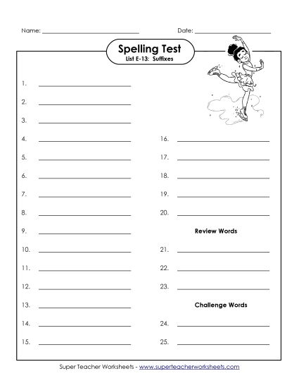 Spelling Test - Spelling Test (E-13) (Printable PDF Worksheet)