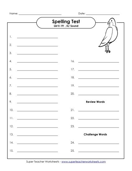 Spelling Test - Spelling Test (E-19) (Printable PDF Worksheet)