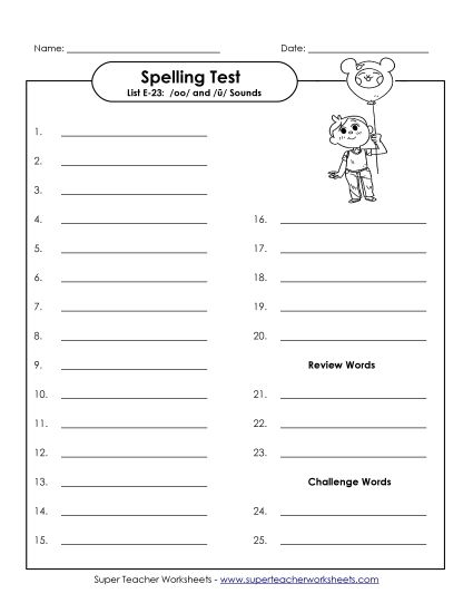 Spelling Test - Spelling Test (E-23) (Printable PDF Worksheet)