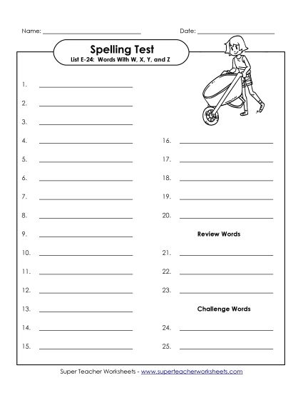 Spelling Test - Spelling Test (E-24) (Printable PDF Worksheet)