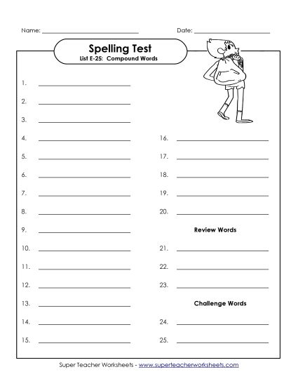 Spelling Test - Spelling Test (E-25) (Printable PDF Worksheet)