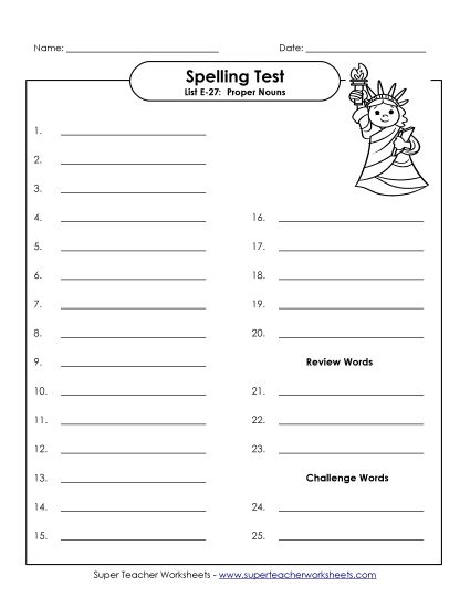 Spelling Test - Spelling Test (E-27) (Printable PDF Worksheet)