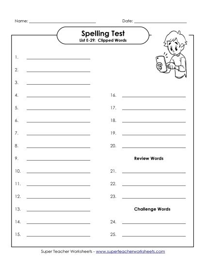 Spelling Test - Spelling Test (E-29) (Printable PDF Worksheet)