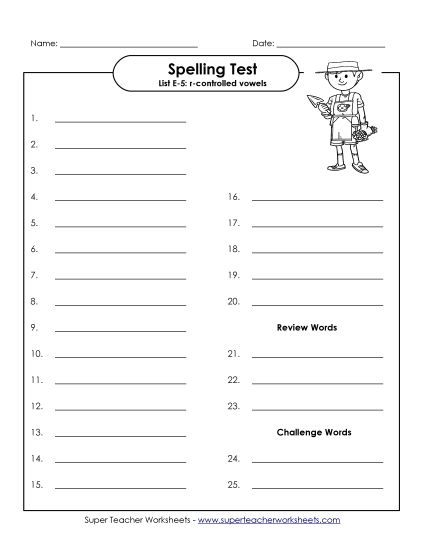 Spelling Test - Spelling Test (E-5) (Printable PDF Worksheet)