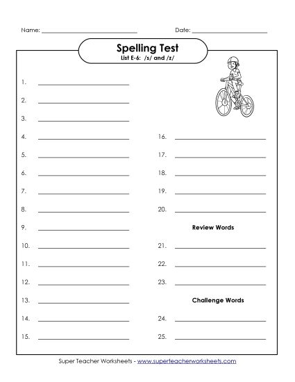 Spelling Test - Spelling Test (E-6) (Printable PDF Worksheet)
