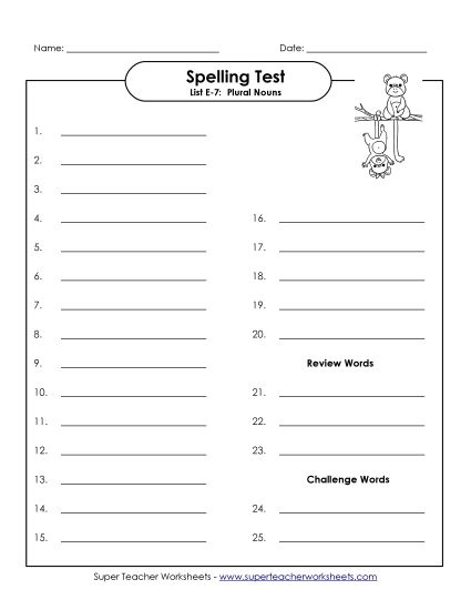 Spelling Test - Spelling Test (E-7) (Printable PDF Worksheet)
