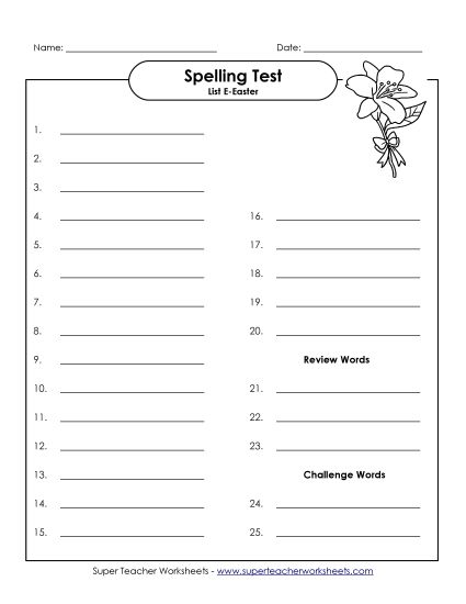 Spelling Test - Spelling Test (Easter) (Printable PDF Worksheet)
