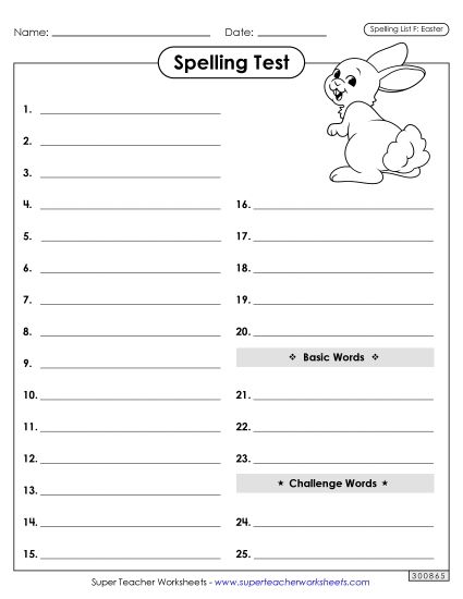 Spelling Test - Spelling Test (Easter)  (Printable PDF Worksheet)