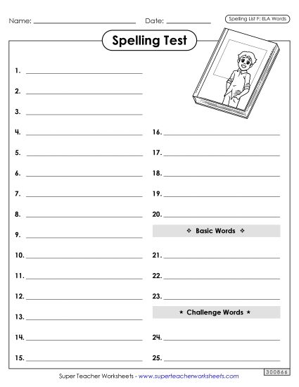 Spelling Test - Spelling Test (ELA) (Printable PDF Worksheet)