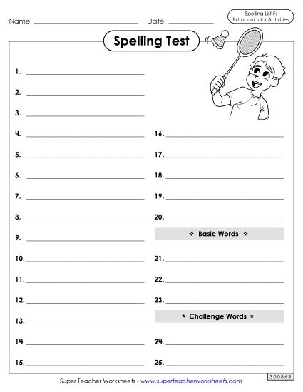 Spelling Test - Spelling Test (Extracurriculars) (Printable PDF Worksheet)
