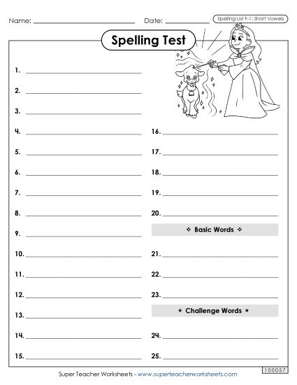 Spelling Test - Spelling Test (F-1) (Printable PDF Worksheet)