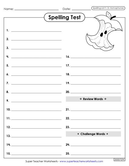 Spelling Test - Spelling Test (F-13) (Printable PDF Worksheet)