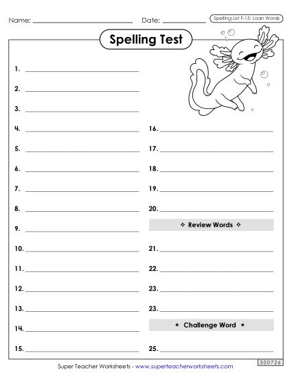 Spelling Test - Spelling Test (F-15) (Printable PDF Worksheet)