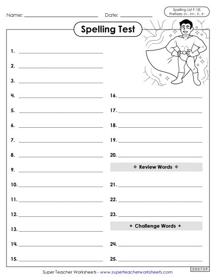 Spelling Test - Spelling Test (F-18) (Printable PDF Worksheet)
