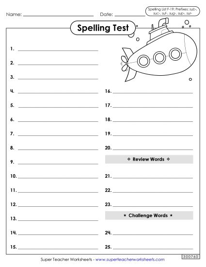Spelling Test - Spelling Test (F-19) (Printable PDF Worksheet)