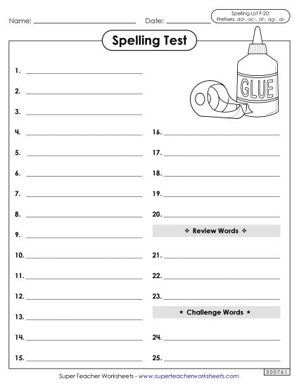 Spelling Test - Spelling Test (F-20) (Printable PDF Worksheet)