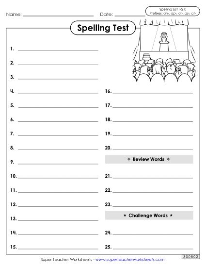 Spelling Test - Spelling Test (F-21) (Printable PDF Worksheet)