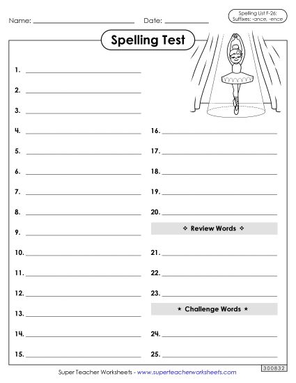 Spelling Test - Spelling Test (F-26)  (Printable PDF Worksheet)