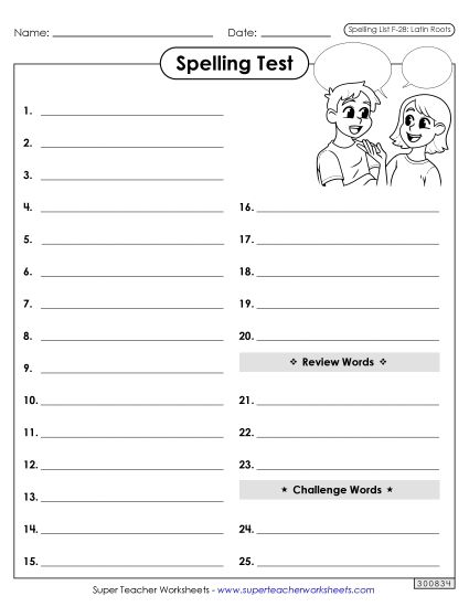 Spelling Test - Spelling Test (F-28) (Printable PDF Worksheet)