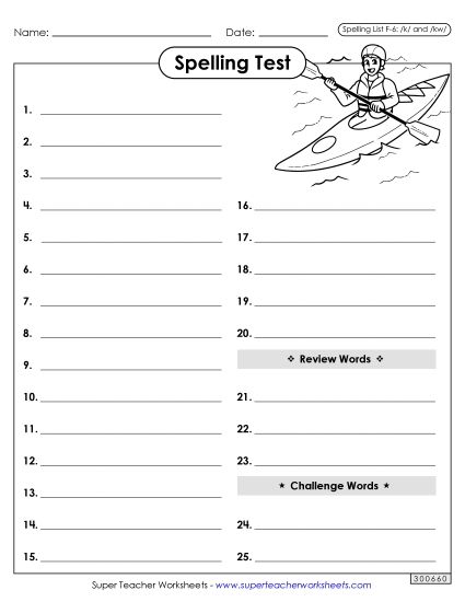 Spelling Test - Spelling Test (F-6) (Printable PDF Worksheet)