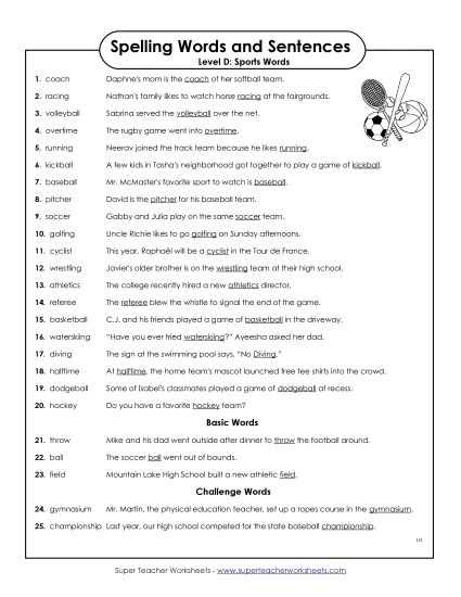 Spelling Test - Spelling Test Sentences (Printable PDF Worksheet)