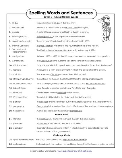 Spelling Test - Spelling Test Sentences (Printable PDF Worksheet)
