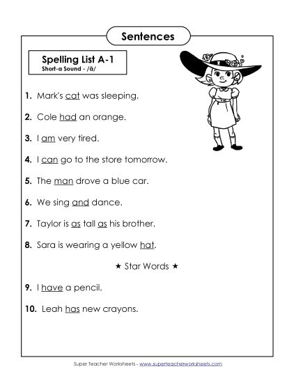 Spelling Test - Spelling Test Sentences (A-1) (Printable PDF Worksheet)