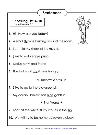 Spelling Test - Spelling Test Sentences (A-10) (Printable PDF Worksheet)