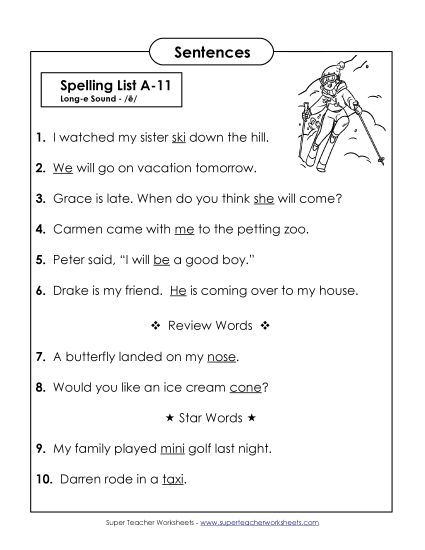 Spelling Test - Spelling Test Sentences (A-11)  (Printable PDF Worksheet)