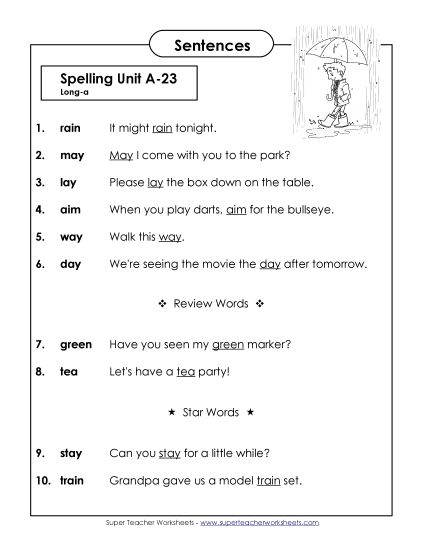 Spelling Test - Spelling Test Sentences (A-23) (Printable PDF Worksheet)