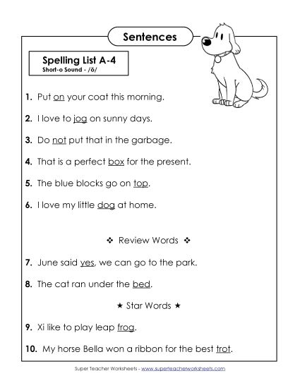 Spelling Test - Spelling Test Sentences (A-4) (Printable PDF Worksheet)