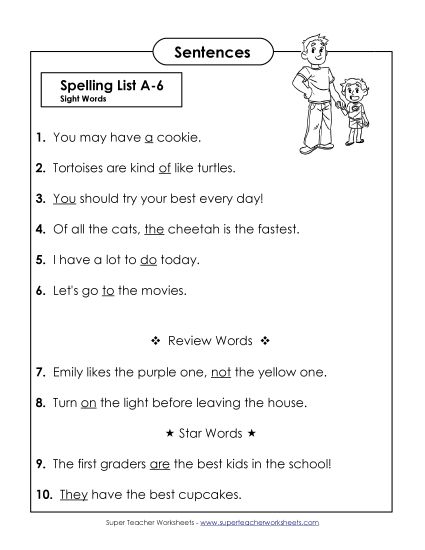 Spelling Test - Spelling Test Sentences (A-6) (Printable PDF Worksheet)
