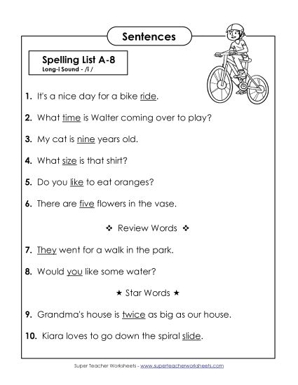 Spelling Test - Spelling Test Sentences (A-8)  (Printable PDF Worksheet)