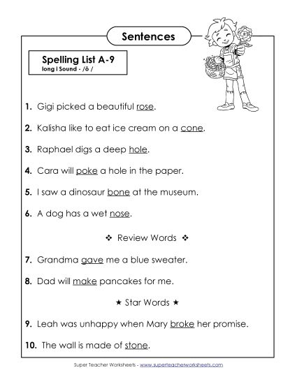 Spelling Test - Spelling Test Sentences (A-9) (Printable PDF Worksheet)