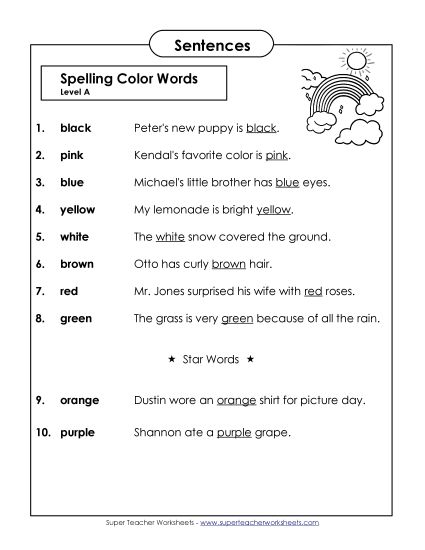 Spelling Test - Spelling Test Sentences (A-Color Words)  (Printable PDF Worksheet)