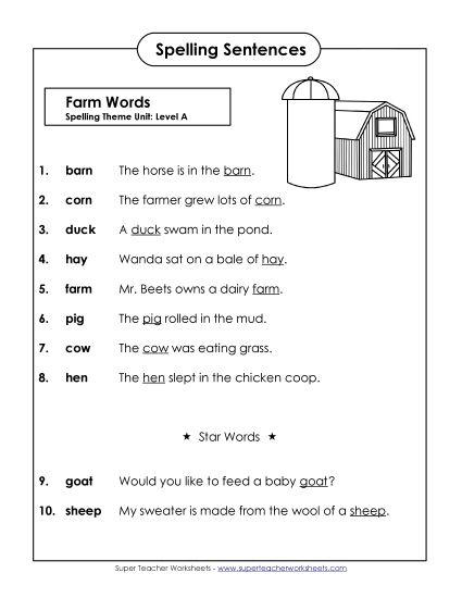 Spelling Test - Spelling Test Sentences (A-Farm Words)  (Printable PDF Worksheet)