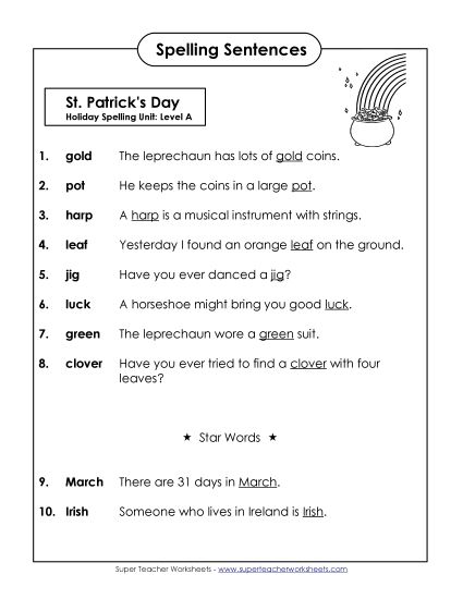 Spelling Test - Spelling Test Sentences (A-St. Patrick's Day) (Printable PDF Worksheet)