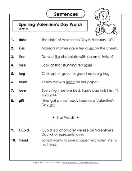 Spelling Test - Spelling Test Sentences (A-Valentine's Day)  (Printable PDF Worksheet)