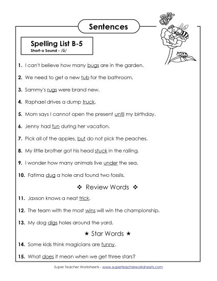 Spelling Test - Spelling Test Sentences (B-5) (Printable PDF Worksheet)