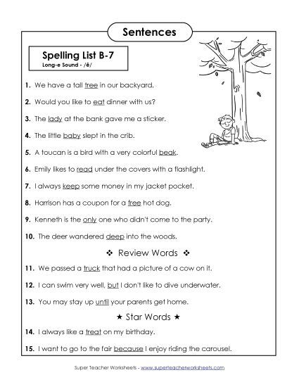 Spelling Test - Spelling Test Sentences (B-7) (Printable PDF Worksheet)