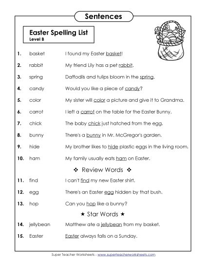 Spelling Test - Spelling Test Sentences (B-Easter)  (Printable PDF Worksheet)