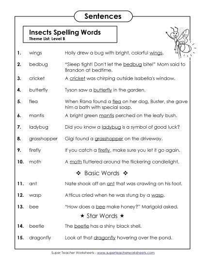 Spelling Test - Spelling Test Sentences (B-Insect Words) (Printable PDF Worksheet)