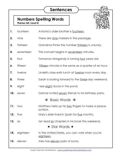 Spelling Test - Spelling Test Sentences (B-Number Words)  (Printable PDF Worksheet)