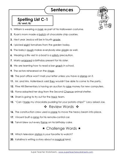 Spelling Test - Spelling Test Sentences (C-1) (Printable PDF Worksheet)